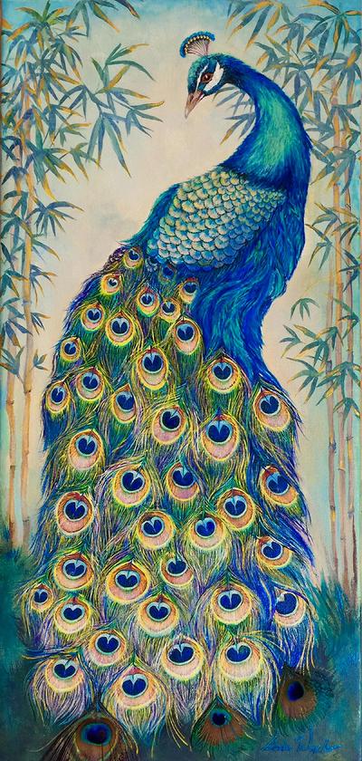 Peacock Painting Stylized in Acrylics and Gouache