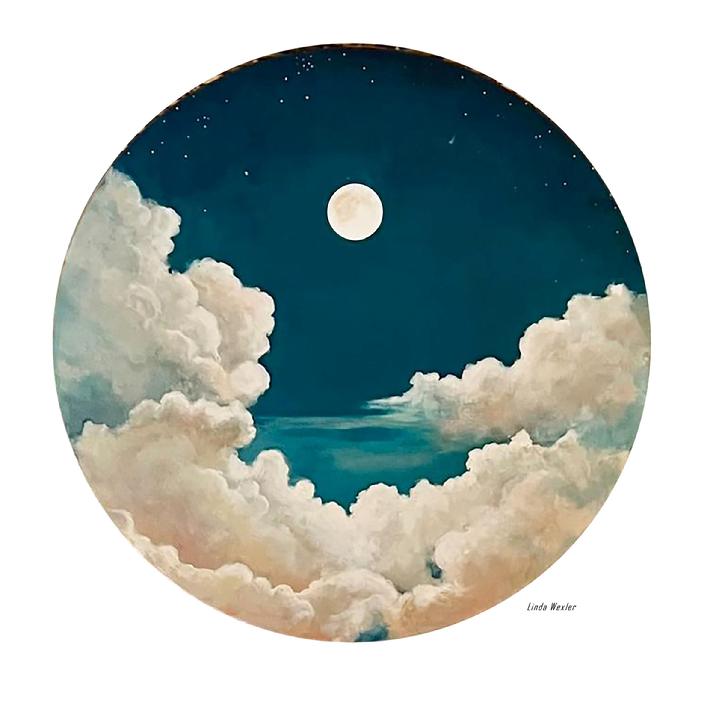 Night sky, full moon fluffy clouds, deep blue-green, cream and white